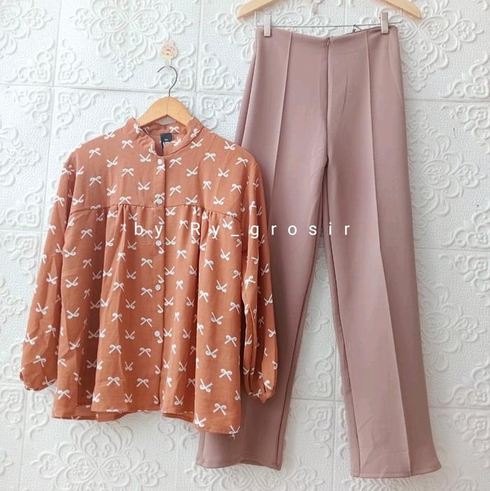 Setelan Wanita Nulea Blus Crincle Motif Celana Kulot Dan Cutbray Scuba Polos Panjang