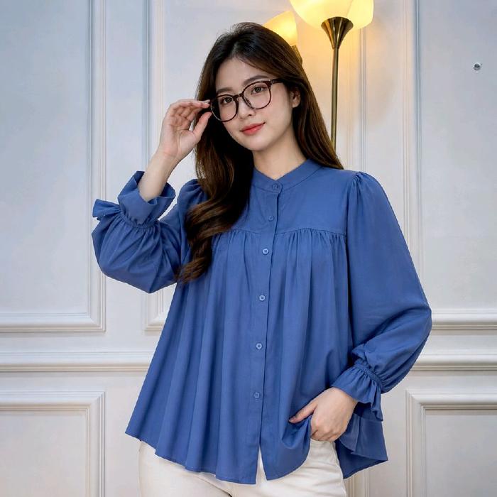 Alyssa Atasan Baju Blouse Kemeja Wanita Biru dengan Lengan Panjang Bahan Rayon Twill