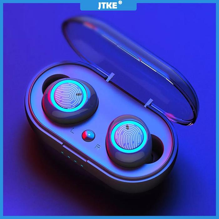 JTKE Headphone Nirkabel TWS Bluetooth 5.0, Earphone Olahraga Stereo