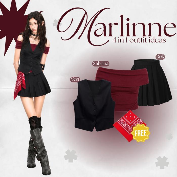 Marlinne 4in1 One Set Outfit Yearbook Rockstar Korean Style (Sabrina Maroon, Vest, Rok Pendek, Scraf