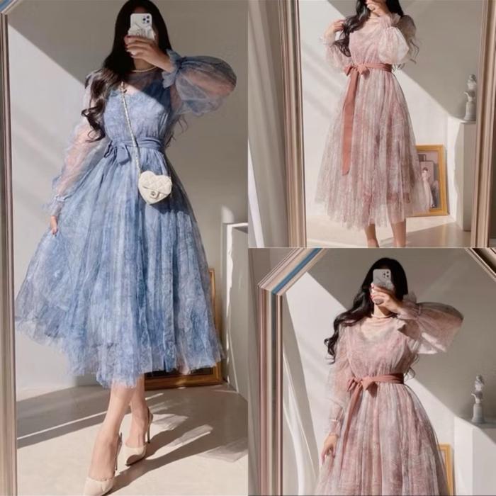 [Navael] Lucinta Luna Korean Style Vintage Midi Dress Mesh Tile Jaring Poliester Pesta