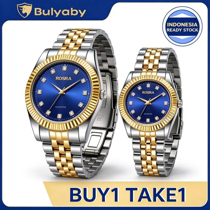 Beli 1 Dapat 2 Jam Tangan Couple Biru Dial Mewah, Jam Pria & Wanita Rantai Stainless Steel Two Tone 