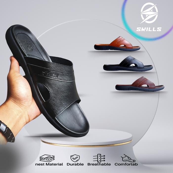SKILLS Sandal Slop Pria Kulit Rigel Hitam