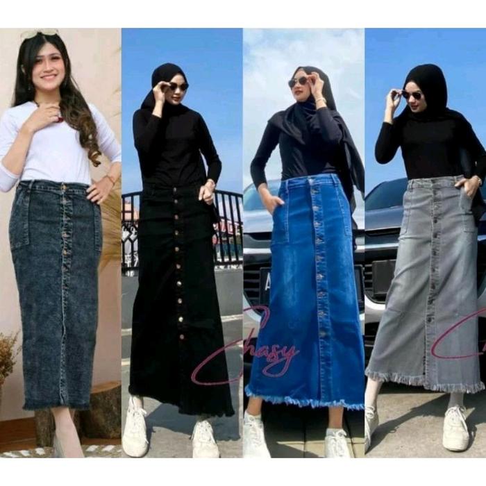 Rok Jeans Span Panjang Kancing Depan Gisca .Rok Jeans Gisca Panjang Stretch Button Size