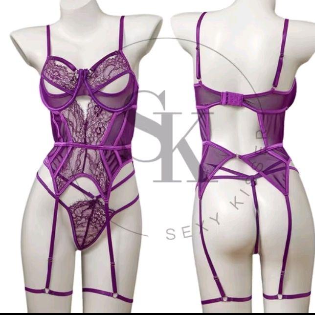 Lingerie bodysuit ungu terusan sexy bra set