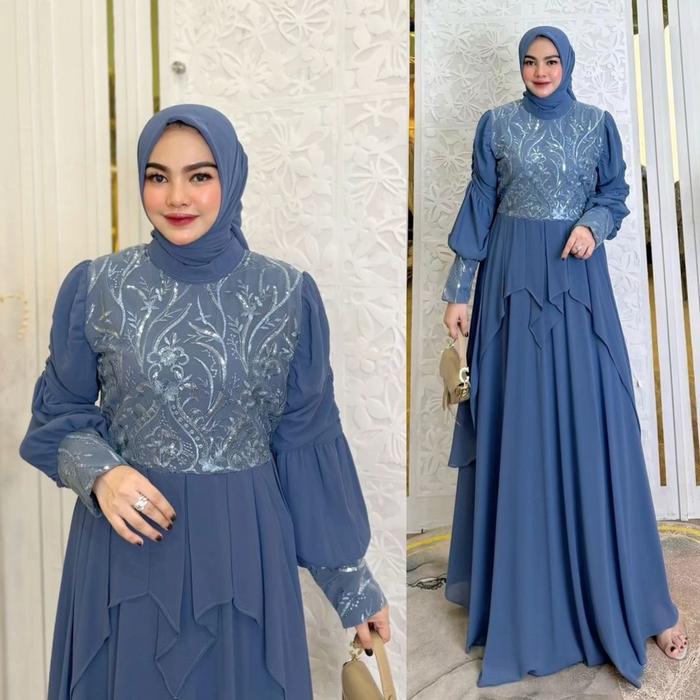 Gamis Brukat + Hijab Segi Empat Premium Wanita Murah Kekinian Fashion Muslim Pakaian Wanita Motif Bu