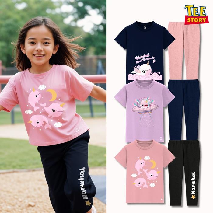 Setelan Pendek Anak Perempuan Narwhal Series Whale Dream Night Star Bahan Katun Combed 30s