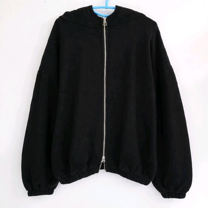 Jaket Double Zipper Hoodie Tangan Balon Black Hitam Saku Kanan Kiri Pria Wanita