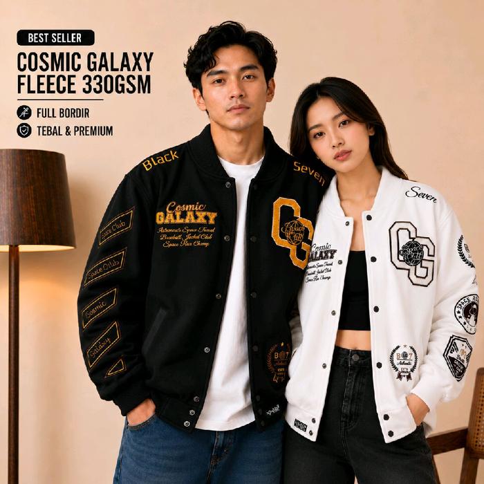 Varsity Jacket Cosmic Galaxy Full White & Blackseven | Jaket Bordir Couple Pria Wanita Cotton Fleece