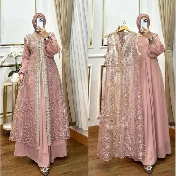NEW Gamis Brokat Dress 2in1 Busui Wudhu Friendly Inner Ceruty Adem + Outer Brokat Premium Elleova