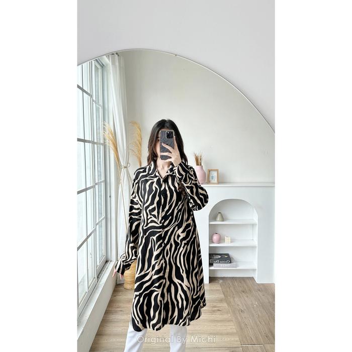 Ready- Tunik Kerah Printing Zebra Wanita Lyodra Original ByMichi KlipBusana - Midi Dress Hijab Perem