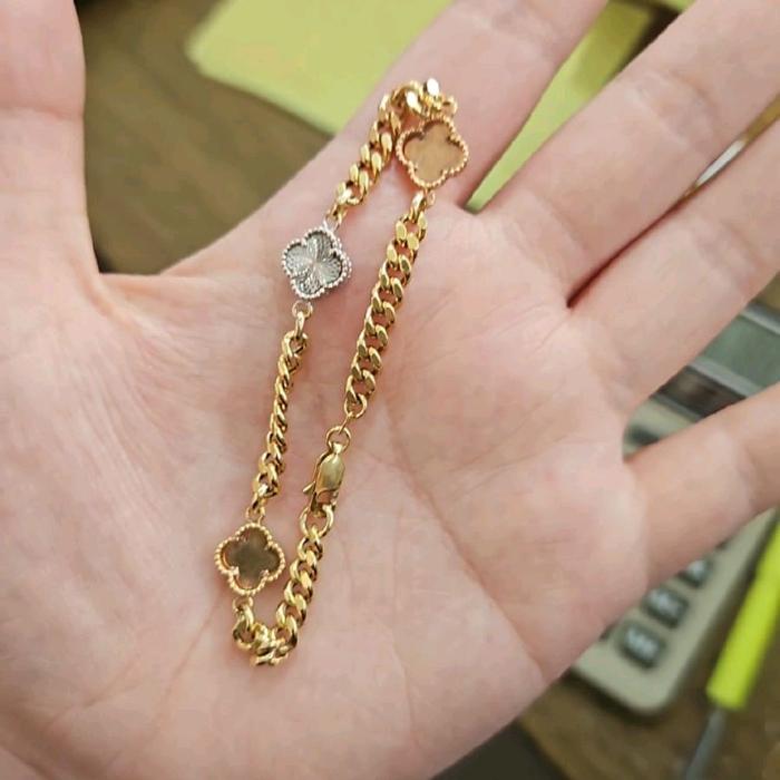 gelang rantai bunga clover merah emas kuning asli 375 8k muda