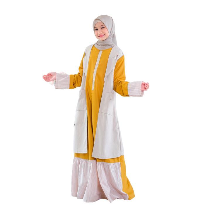 lunangoofficial - Gamis Anak Katun Denim Outer Menyatu A 869 Cantik Lebaran Muslim Nyaman - Mustard