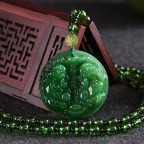 Kalung Giok Hewan Mitos Singa Kirin / Liontin Tali Kalung Batu Sintetis Hijau Putih / Green White Pi