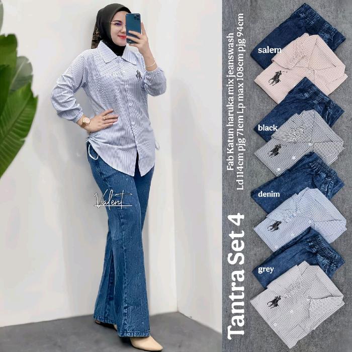 TANTRA SET 4 KEMEJA POLO KATUN HARUKA + CELANA JEANS FLARE PIGMENT WASH VALENT LD 114CM LP MAX 108CM