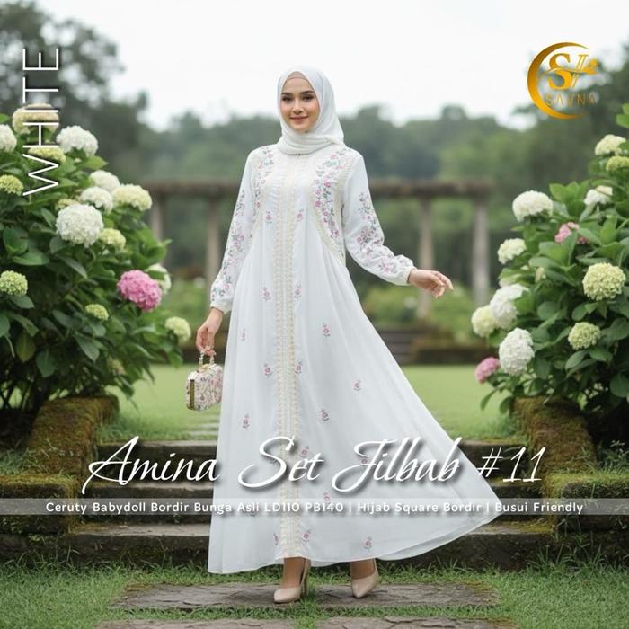 AMINA SET JILBAB (LABEL SAVNA) | GAMIS ABAYA SET HIJAB CERUTY POLOS BORDIR ALSI TERBARU Syari Muslim