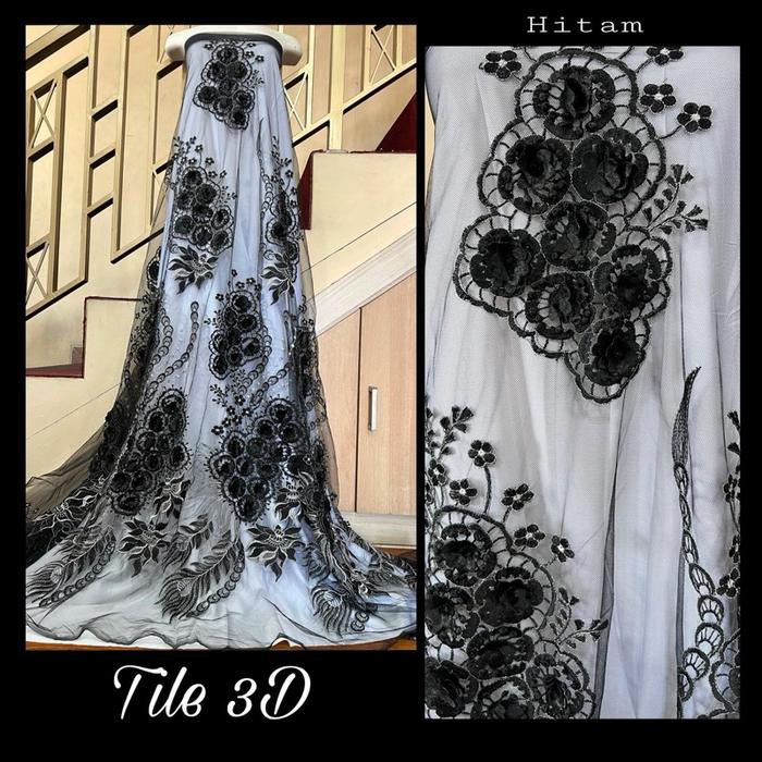 Kain Tile/Tulle 3D Bunga Timbul Brokat 3D Mutiara Akar Polos Harga Setengah Meter Hitam Wanita