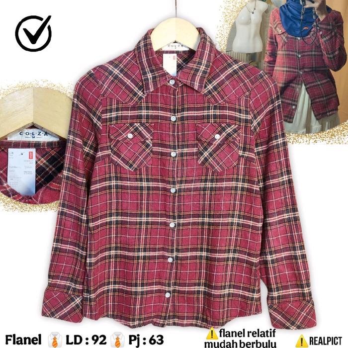 C.O.L.Z.A Kemeja Flanel Size S Merah Bata Motif Tartan Kotak Hem Cewek Kerah Branded Cantik Motif Ba