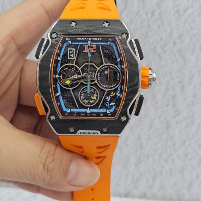 RM65 MCLAREN SWISS CARBON BLACK CASE ORANGE SOFT RUBBER STRAP SUPER CLONE RM 65 MCLAREN SWISS