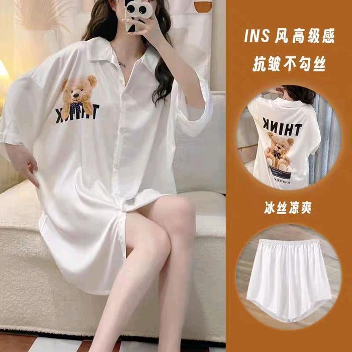 DRESS SATIN IMPORT HALUS / DASTER BAJU TIDUR SANTAI IMPORT WANITA LENGAN PENDEK BAHAN SATIN Piyama L