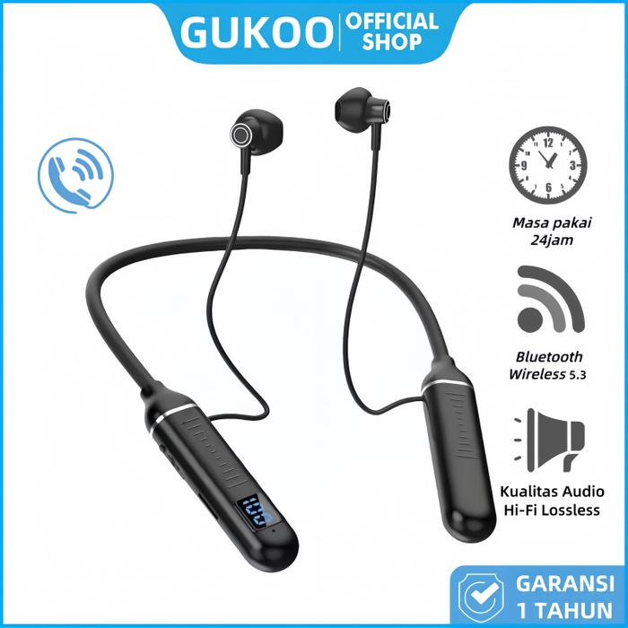 GUKOO Headset Headphone Leher Bluetooth, Kualitas Suara Jernih, Baterai Tahan Lama 24 Jam