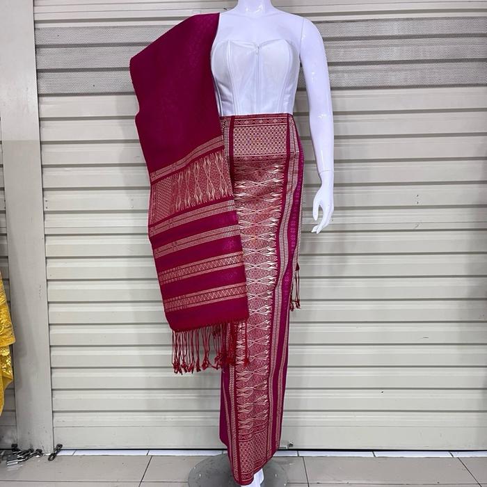 Set Songket Tumtuman + Selendang Pink Fuchsia Kepala Champaign | Benang Bembet Premium