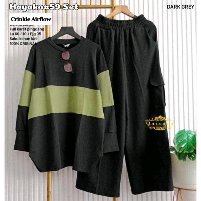 HAYOKO SETELAN CRINKLE AIRFLOW CELANA CARGO LD 110 / HAYOKO SET / ONE SET CARGO WANITA / OOTD KEKINI