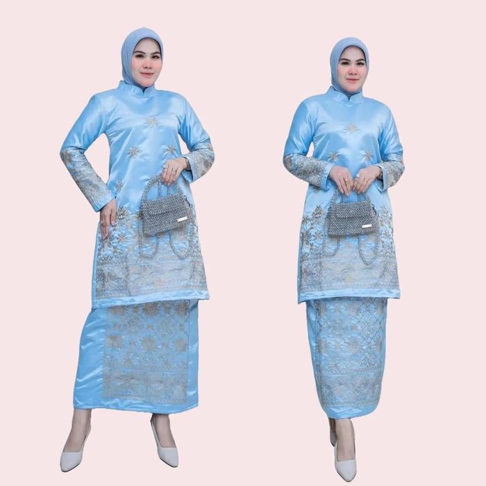 Setelan Tunik Bordir Manual Satin Warna Biru Wardah