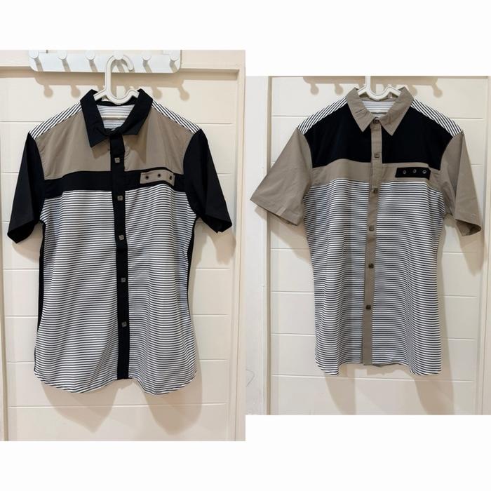 kemeja import salur stripes pria lengan pendek merk NXNITROX Navy