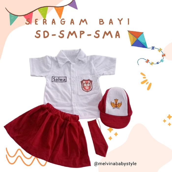 Melvina Seragam Bayi SD SMP SMA Bahan kaos katun Free Nama Bayi free topi dan Dasi