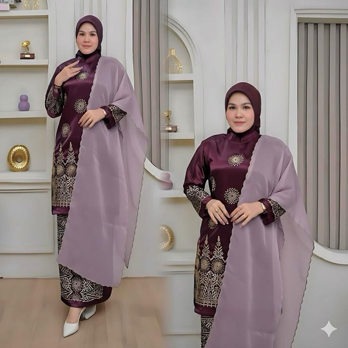 Set Selendang Sharmila Kebaya Melayu Bordir Selendang Bahan Yokohama Silk Premium Elegan Mewah untuk