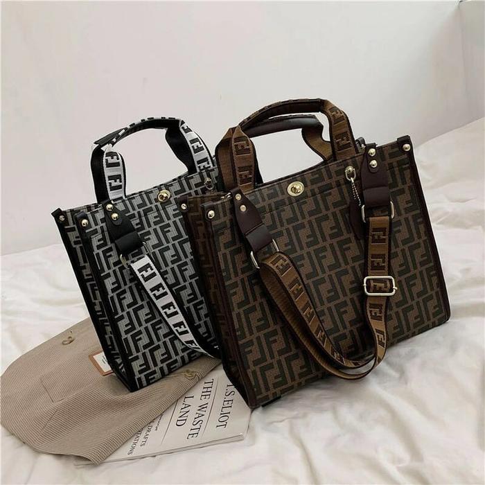 BJ15628 - BLACK/COFFEE - TAS JINJING TOTEBAG HANDBAG SLEMPANG IMPORT TERMURAH TERLARIS BAGSTORE JAKA
