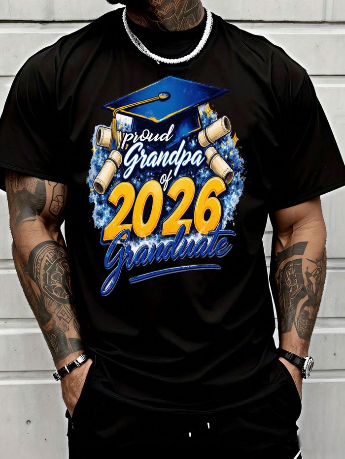 Proud Grandpa of 2026 Graduate T-Shirt - Black Suitable for Graduation Gift with Blue Cap & Diplomas