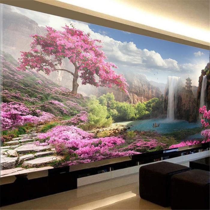 5D DIY Diamond Painting Kit Sakura Tree Waterfall Diamond Embroidery