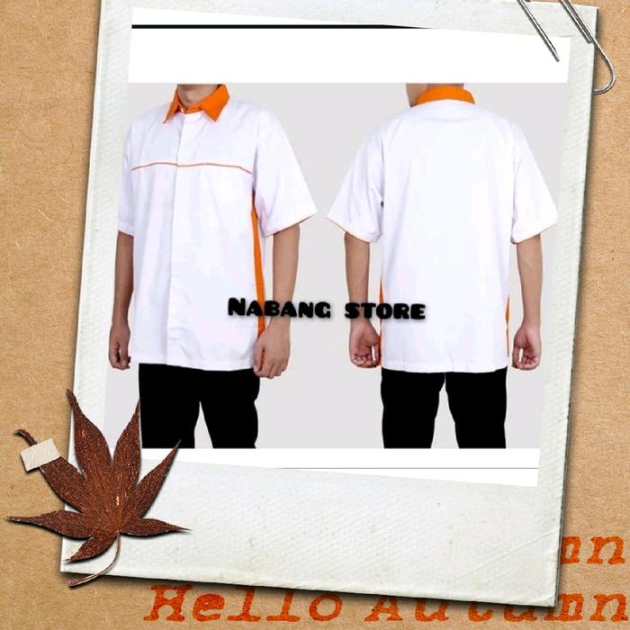 DV Kemeja Seragam Kerja Pria Putih Oren - Putih Hijau - Pendek, Kerah, Tebal, Safety, Baju,  Casual,
