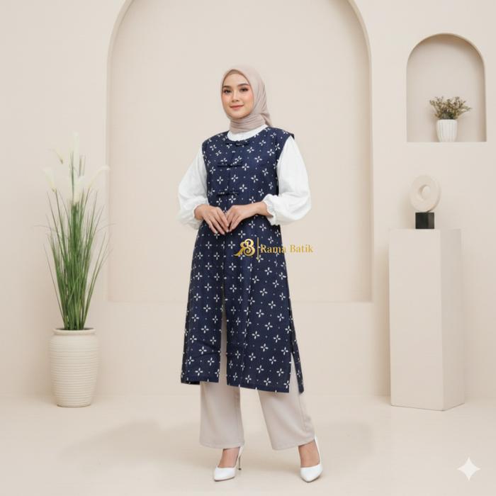 RAMABATIK - Long Vest Batik Outer Rompi Batik Long Tunik Sleeveless Batik Modern Atasan Wanita Belah