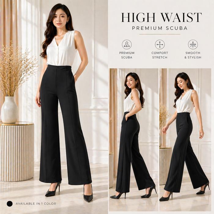 Haigwesh Celana Scuba Kulot Wanita Bahan Tebal No Terwang GRM 280 Garis Melar Panjang Hitam Salur Ny