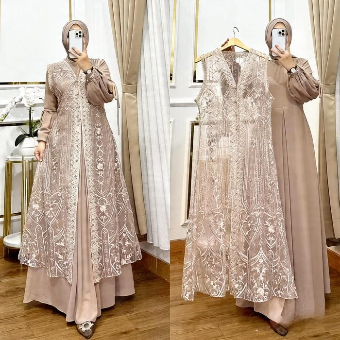 NAURA DRESS BRUKAT 2 IN 1 GAMIS ELEGANT PESTA KONDANGAN MEWAH PREMIUM DENGAN OUTER TERPISAH VARIASI