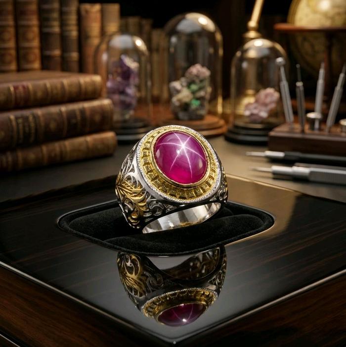 natural batu permata amerika star merah ring titanium dim kantoran