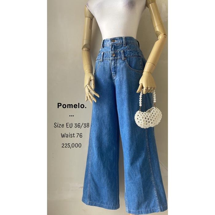 Celana jeans denim biru highwaist kulot panjang keren pomelo original premium preloved murah kekinia