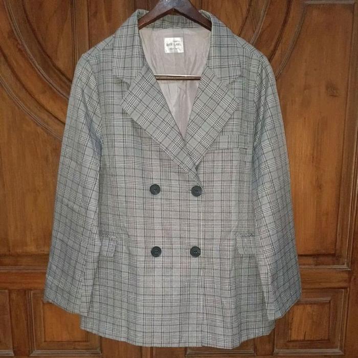 PL SECRET LABEL Blazer Formal Wanita Tartan HS Abu Garis Cokelat Bigsize LD 114