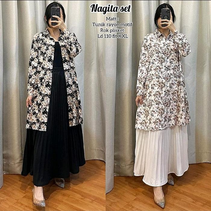 Nagita Set Tunik Rayon Motif Rok Plisket Polos Bunga