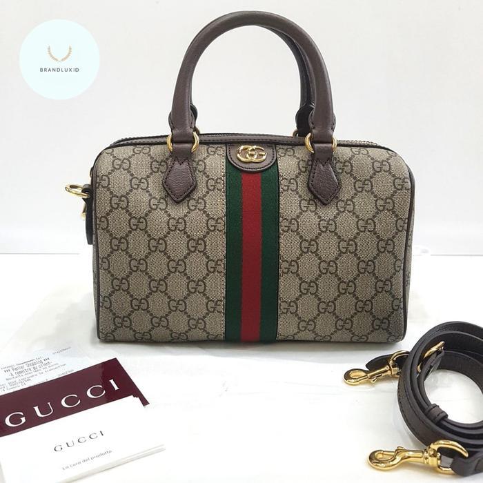 GUCCI OPHIDIA BANDOULIER SPEEDY TOP HANDLE BAG BROWN WITH LONGSTRAP