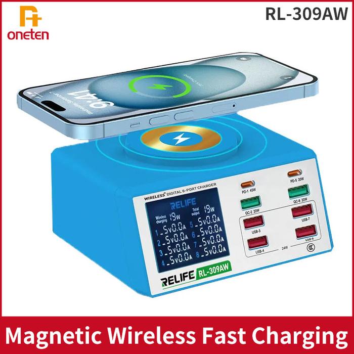 RELIFE RL-309AW Smart 8+1 Multifunctional Charger Tool With Wireless Charging Digital Display Screen