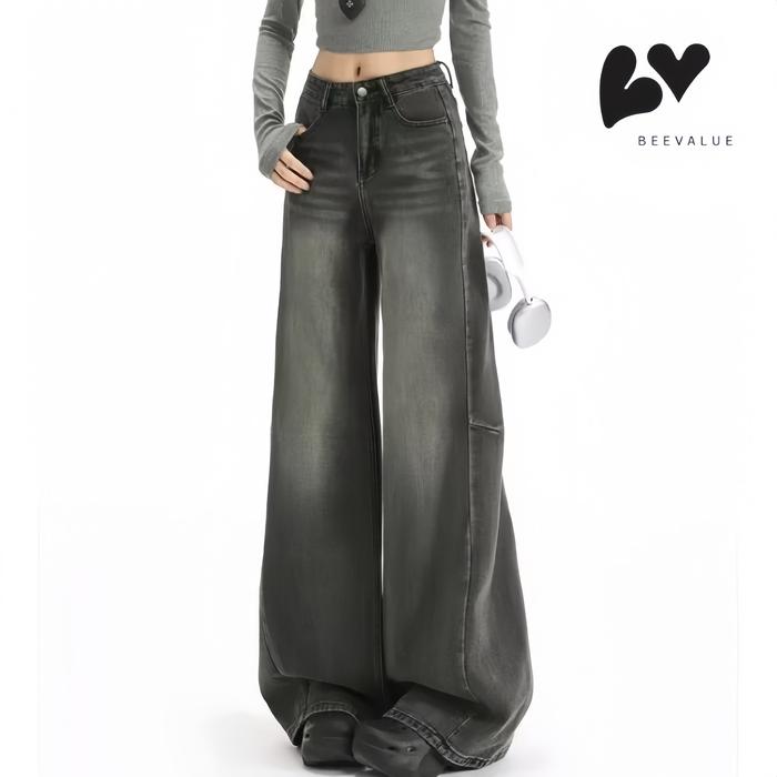 [Beevalue] Celana Panjang Jeans Abu Wanita Oversized Ultra Baggy Jeans Wide Leg Kulot Jeans Loose Je