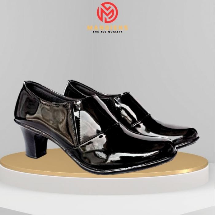 Mandiens  Sepatu Heels Bhayangkari Persit Ankle Boots- Sepatu Pdh Polwan Halfboot Kilap Elastis