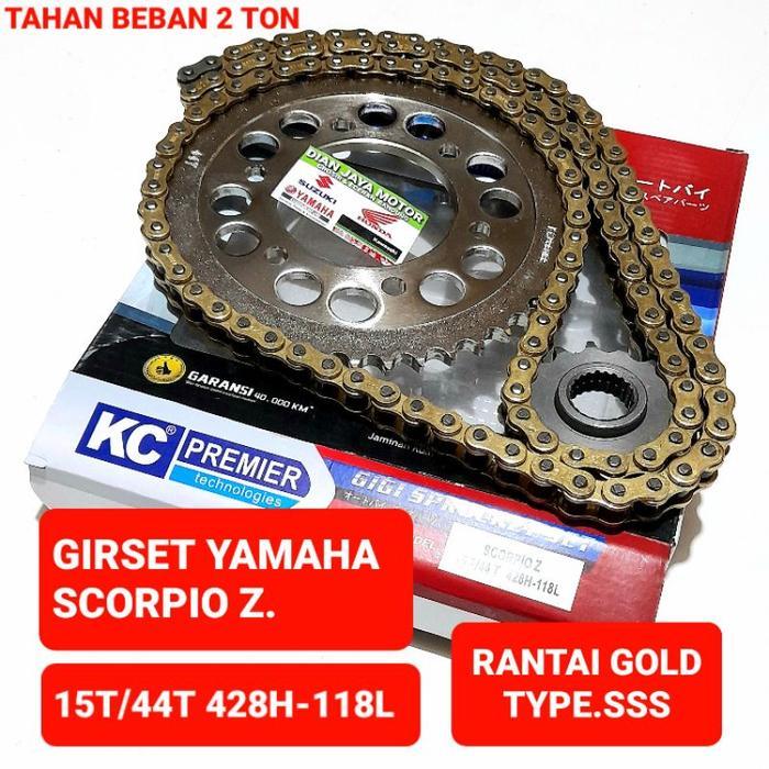 KC PREMIER GIRSET YAMAHA SCORPIO Z 15T/44T 428H118 KC PREMIER TYPE SSS WARNA GOLD CHAIN TEBAL BAJA A