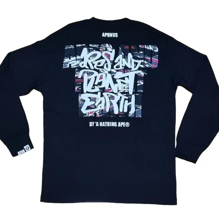 Original Aape Black Long Sleeve Graphic T-shirt Lengan Panjang Sweatshirt Distro Hitam Unisex Kaos S