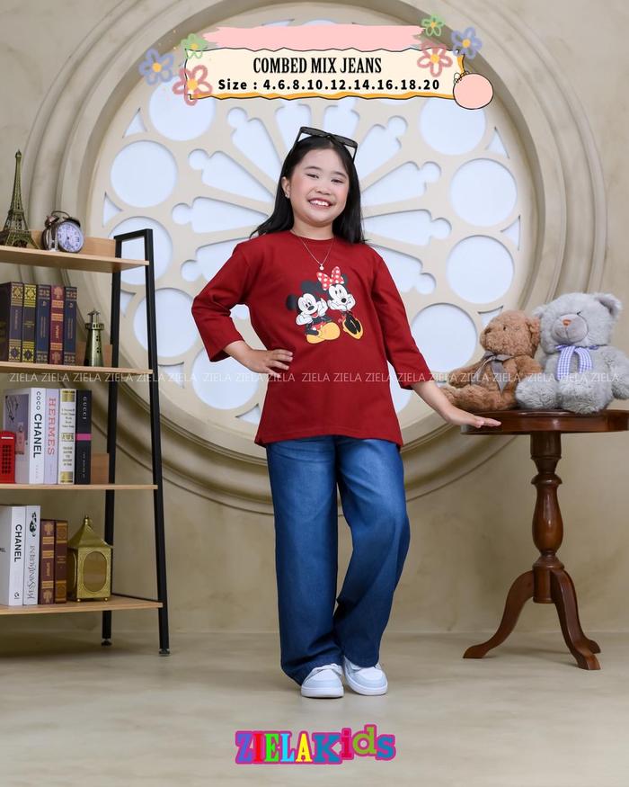 One set anak Mickey Mouse Ziela lengan 7/8 celana jeans skena kekinian usia 4 tahun sampai 14 tahun 