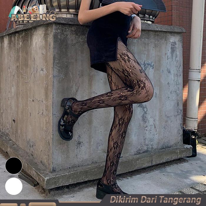 Stocking Putih Lace Stocking Motif Bunga Stocking Renda Stocking Bunga Warna Putih Dan Hitam Cosplay